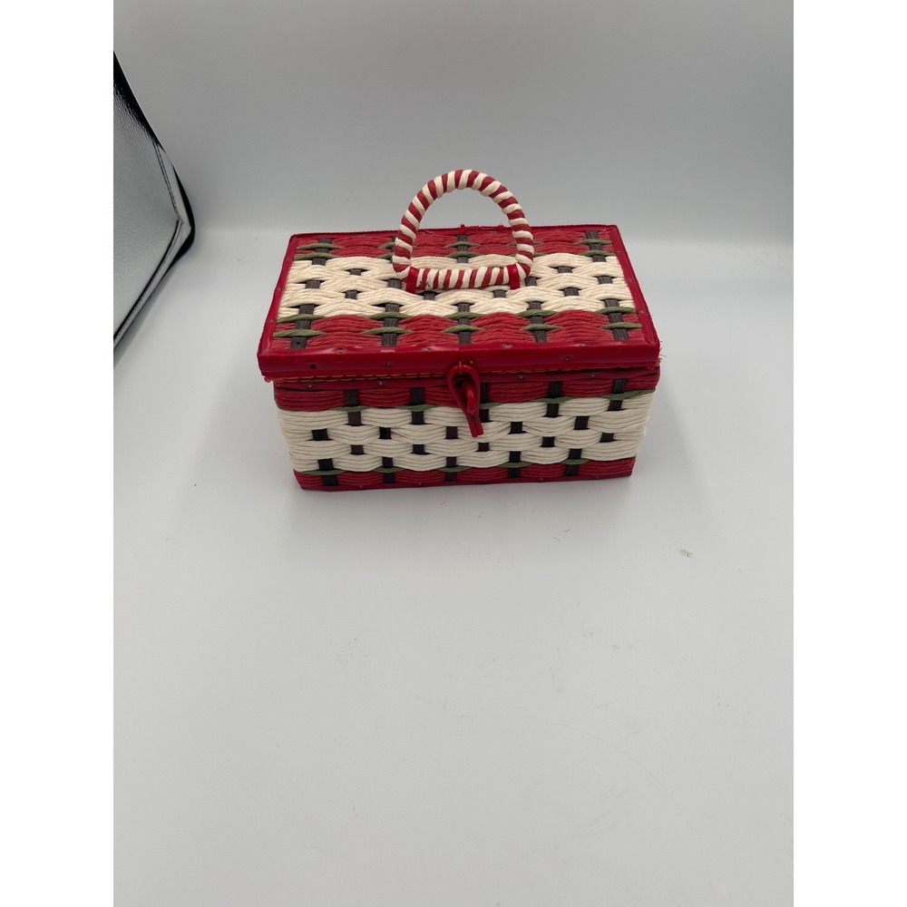 Vintage Woven Wicker Sewing Basket Box Red White Green with Supplies Thimble Kit